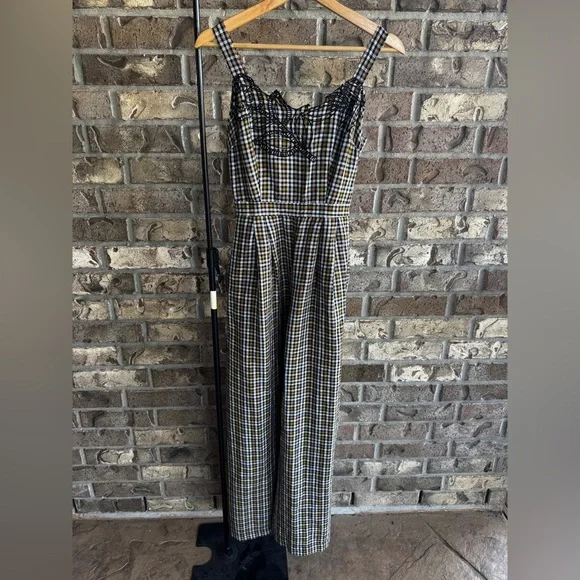 By Anthropologie Embroidered Plaid Jumpsuit Size 0 - Picture 5 of 12
